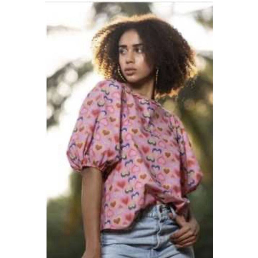 Emily Lovelock Pink Multi Color Heart Print Balloon Sleeve Blouse Size Large